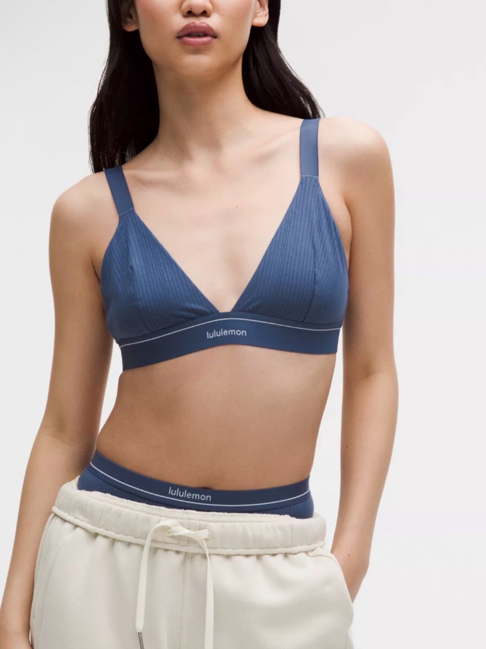Lululemon Stretch Cotton Ribbed Logo Bralette Blue Twill Size XSmall Cup B/C NEW